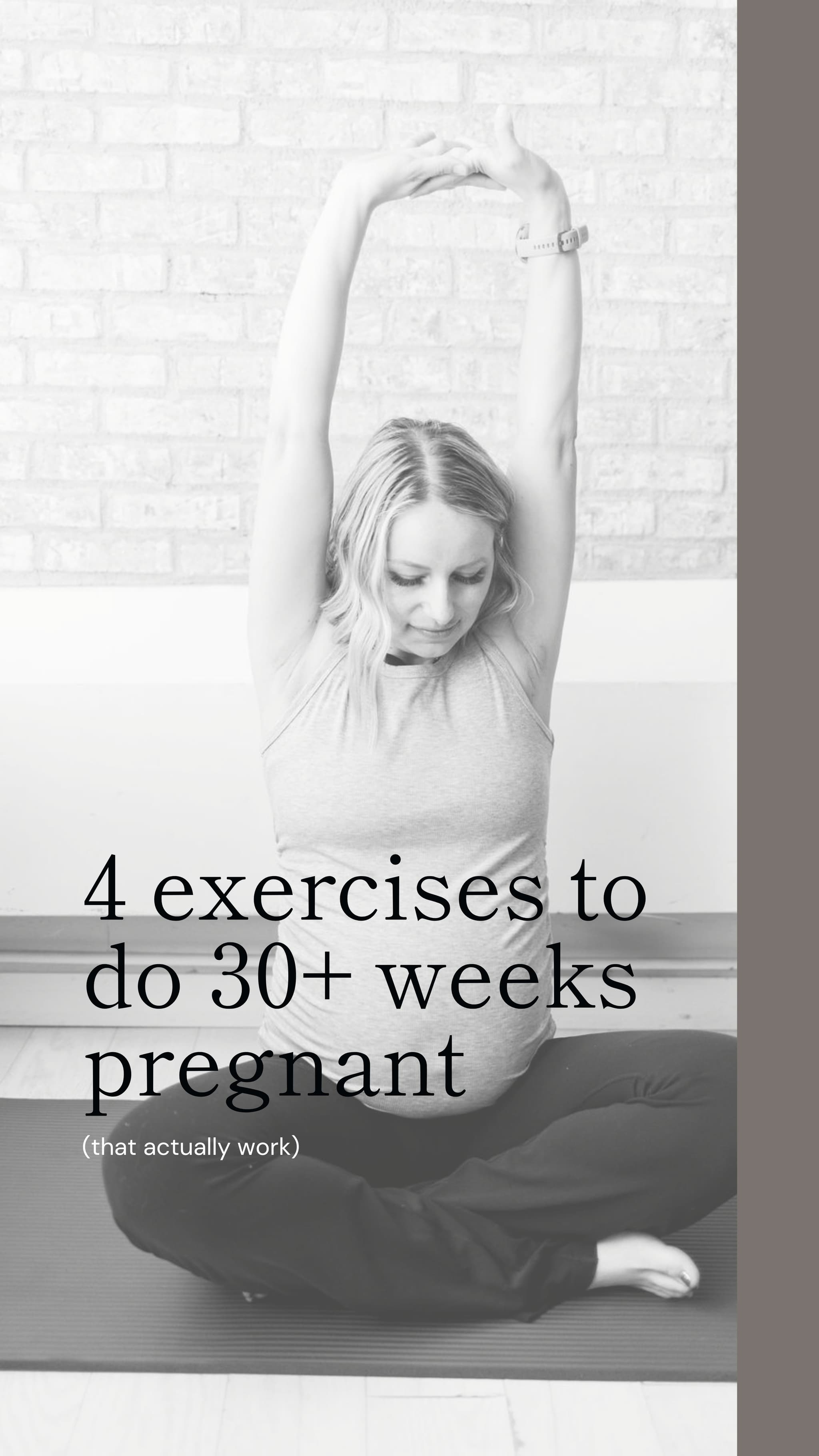 This is a cover image for an instagram reel that shows a pregnant woman sitting on a yoga mat stretching her arms overhead to elongate her torso.